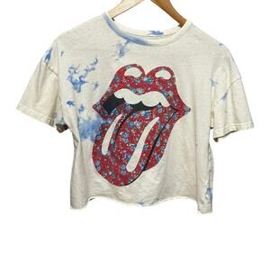The Rolling Stones Womens Crop T-Shirt XS White Blue Tie Dye Graphic Tee Rocker